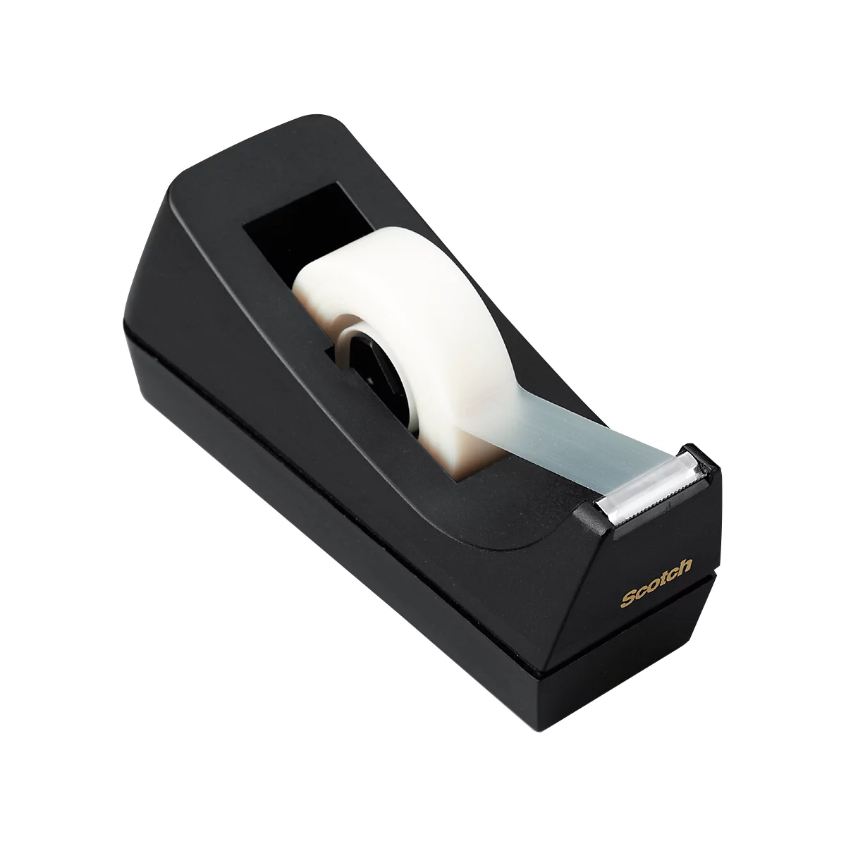 Black tape dispenser with white tape roll. The brand name Scotch is on the front.