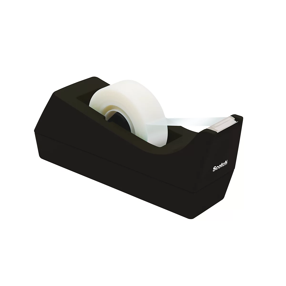 Black tape dispenser with transparent tape, Scotch logo.