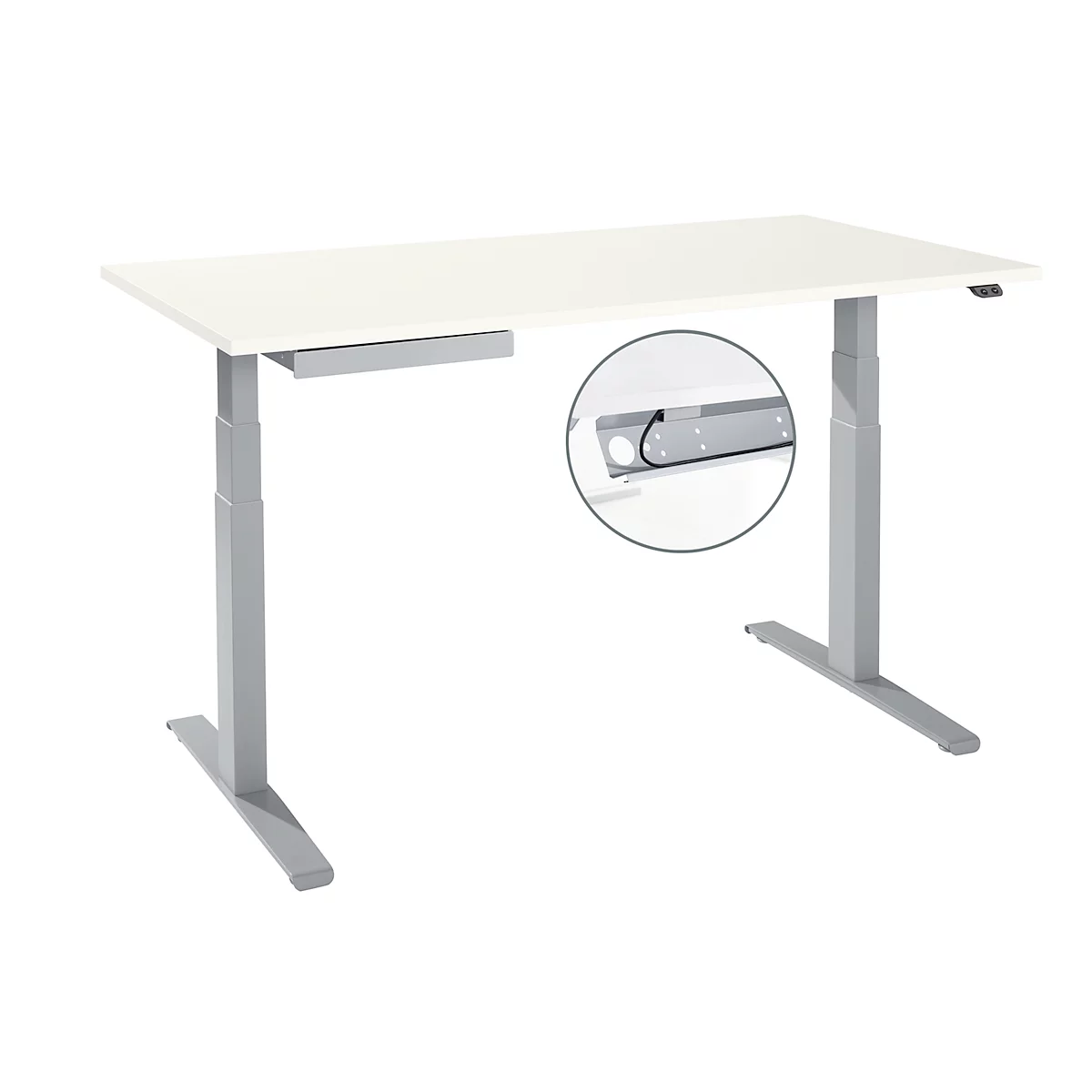 A white, height-adjustable desk. Gray legs, a cable tray, and a detailed view show the construction.