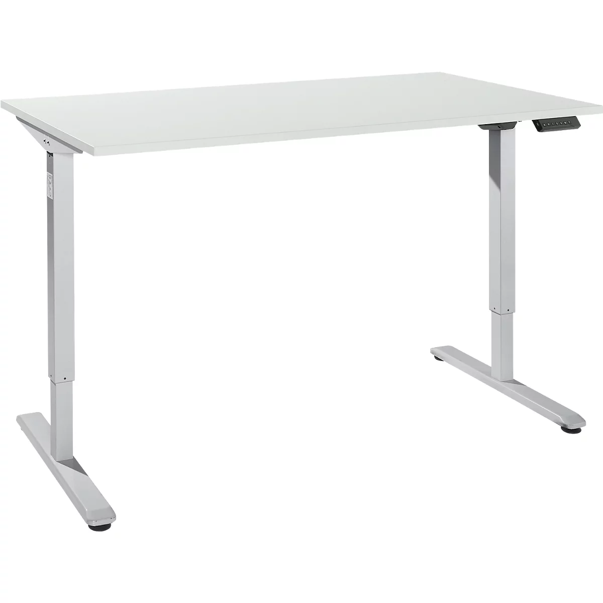 A height-adjustable white desk with gray-silver legs. There is a control on the right side.