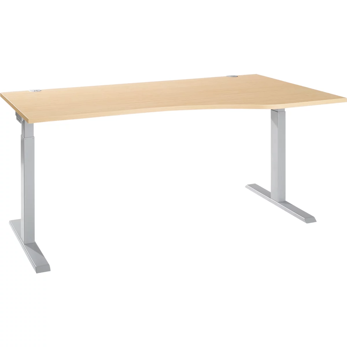 A light-colored, curved desk on silver, height-adjustable legs. The tabletop has a wood look.