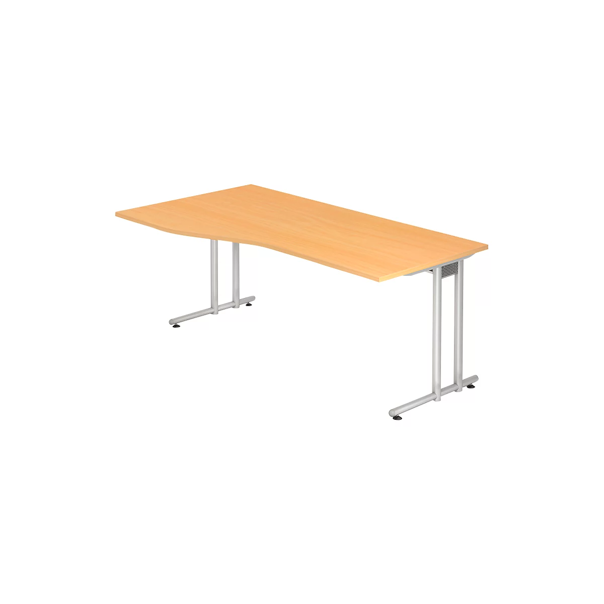 Light brown office desk with silver legs. The table top has a curved edge.