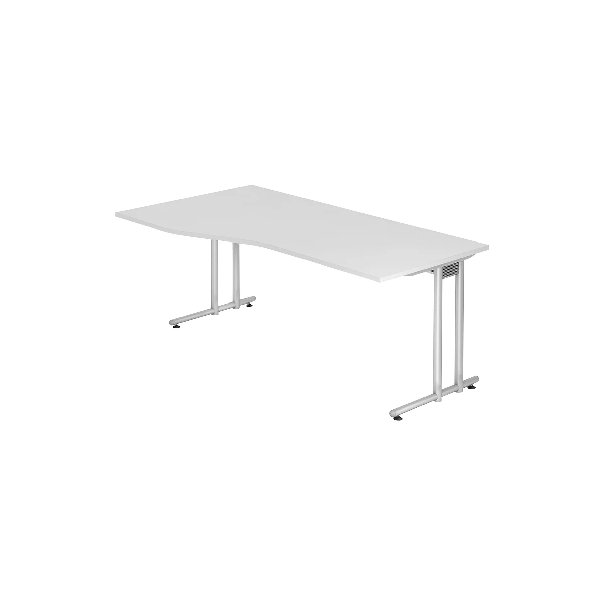 White ergonomic desk with silver legs, which have a curved shape.