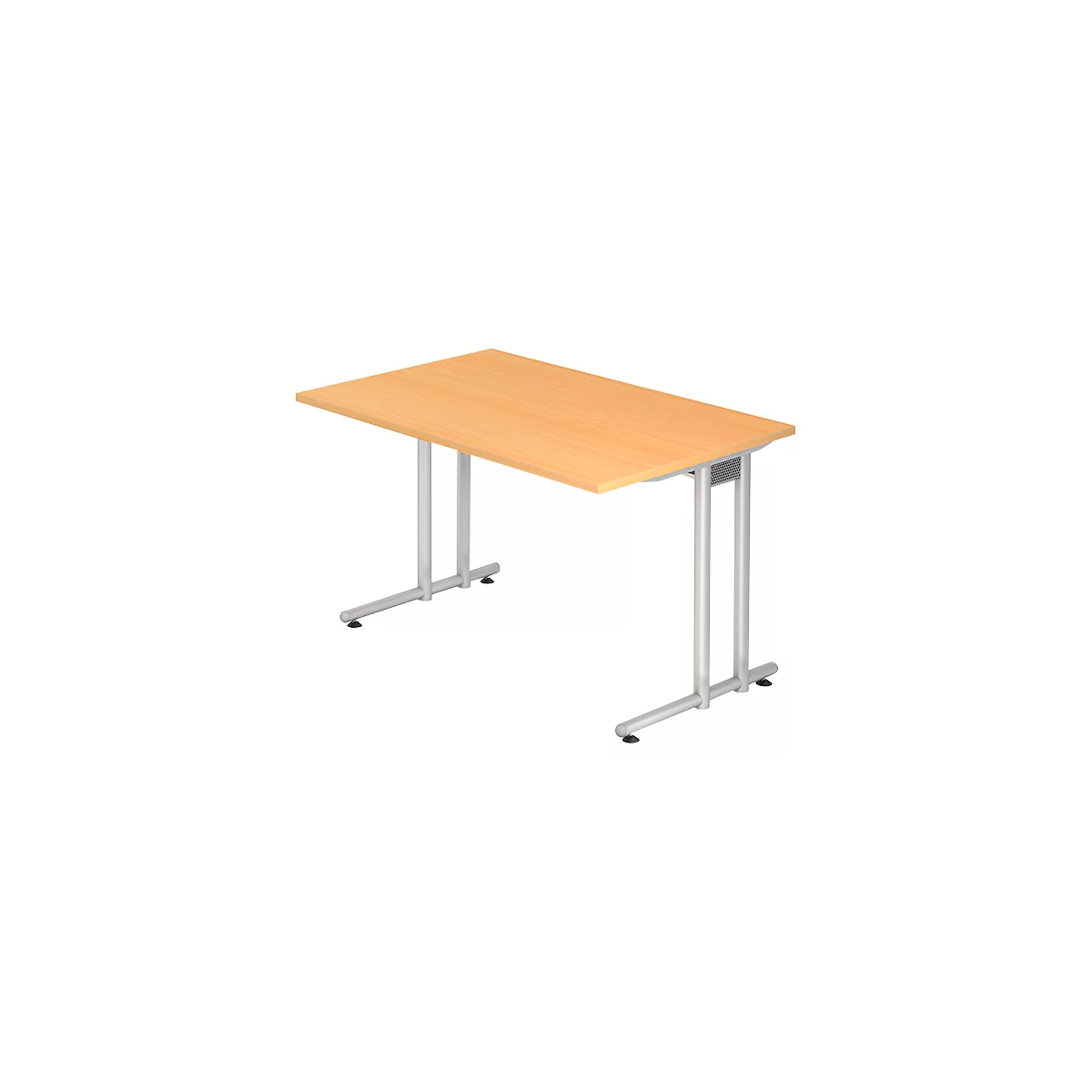 Rectangular light brown table with silver legs.