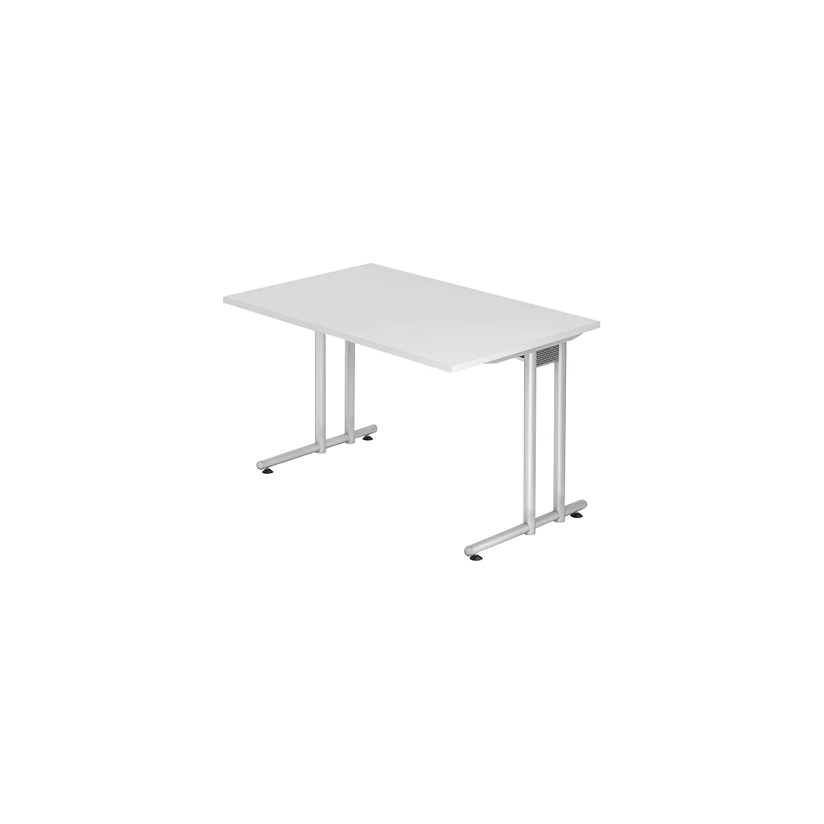 White office desk with silver legs. Rectangular tabletop with straight edges.
