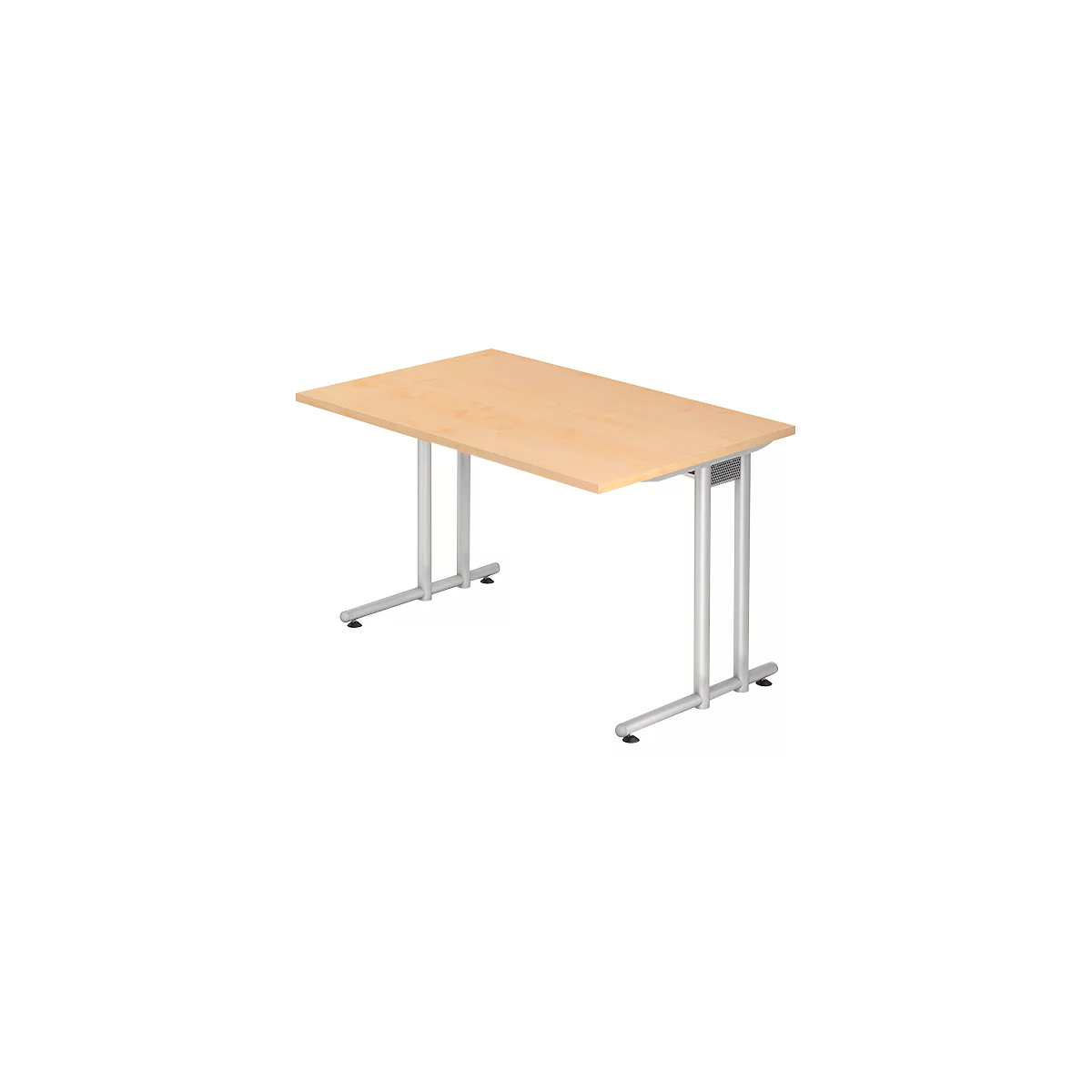 A rectangular, light-colored wooden table with silver-gray metal legs.