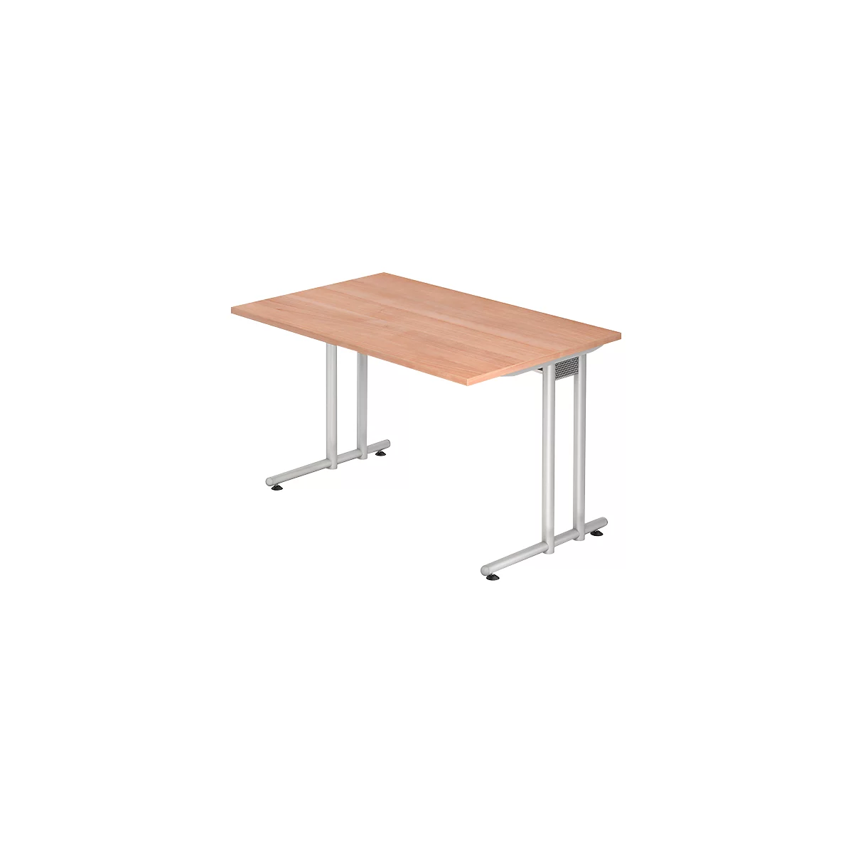 A rectangular, light brown table with silver legs. The table is photographed in an oblique perspective.