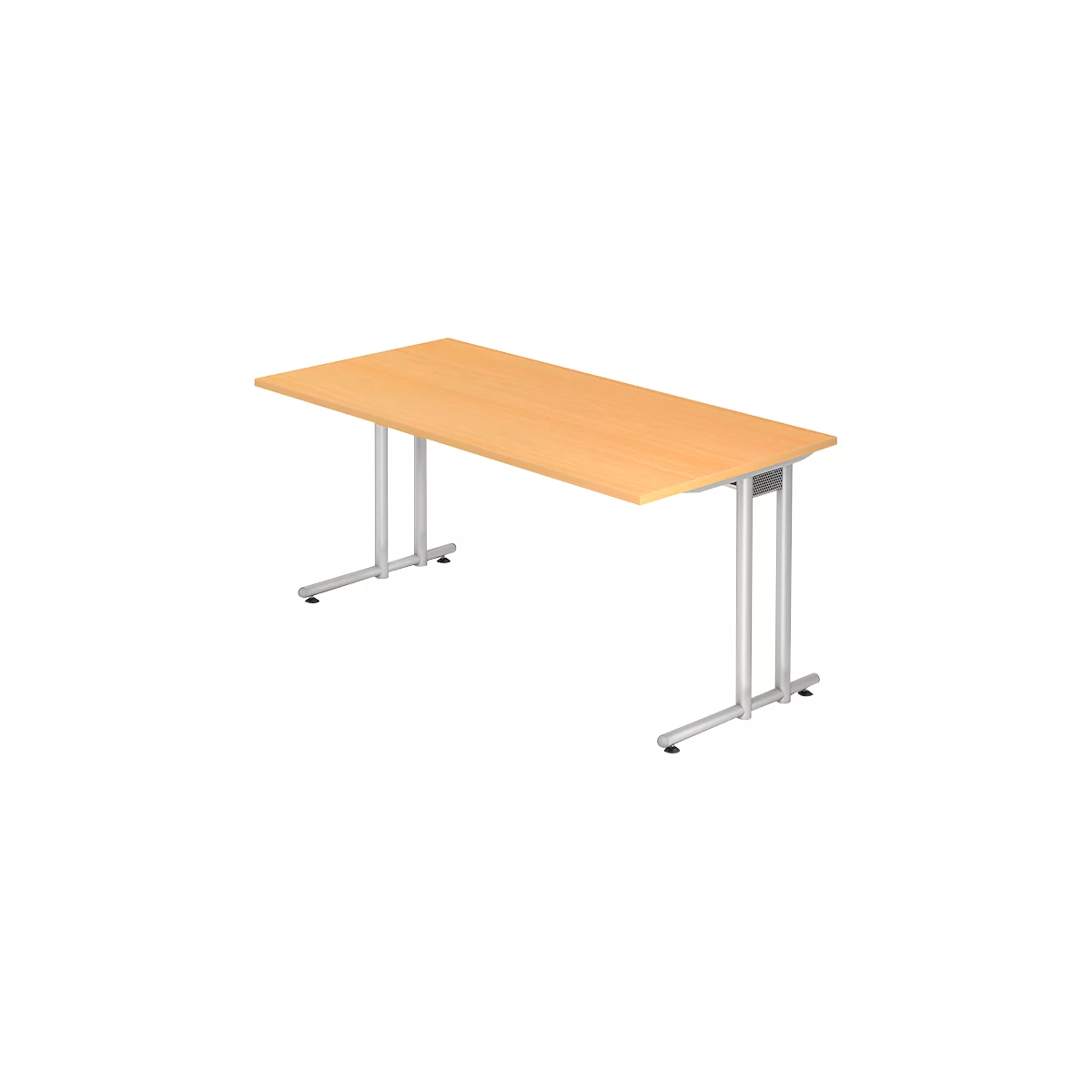 A light, rectangular table with silver legs. The tabletop is made of light wood. The table stands against a white background.