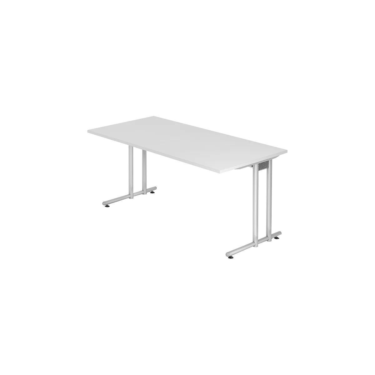 White rectangular conference table with silver-gray legs. The tabletop is slightly inclined and has rounded edges.