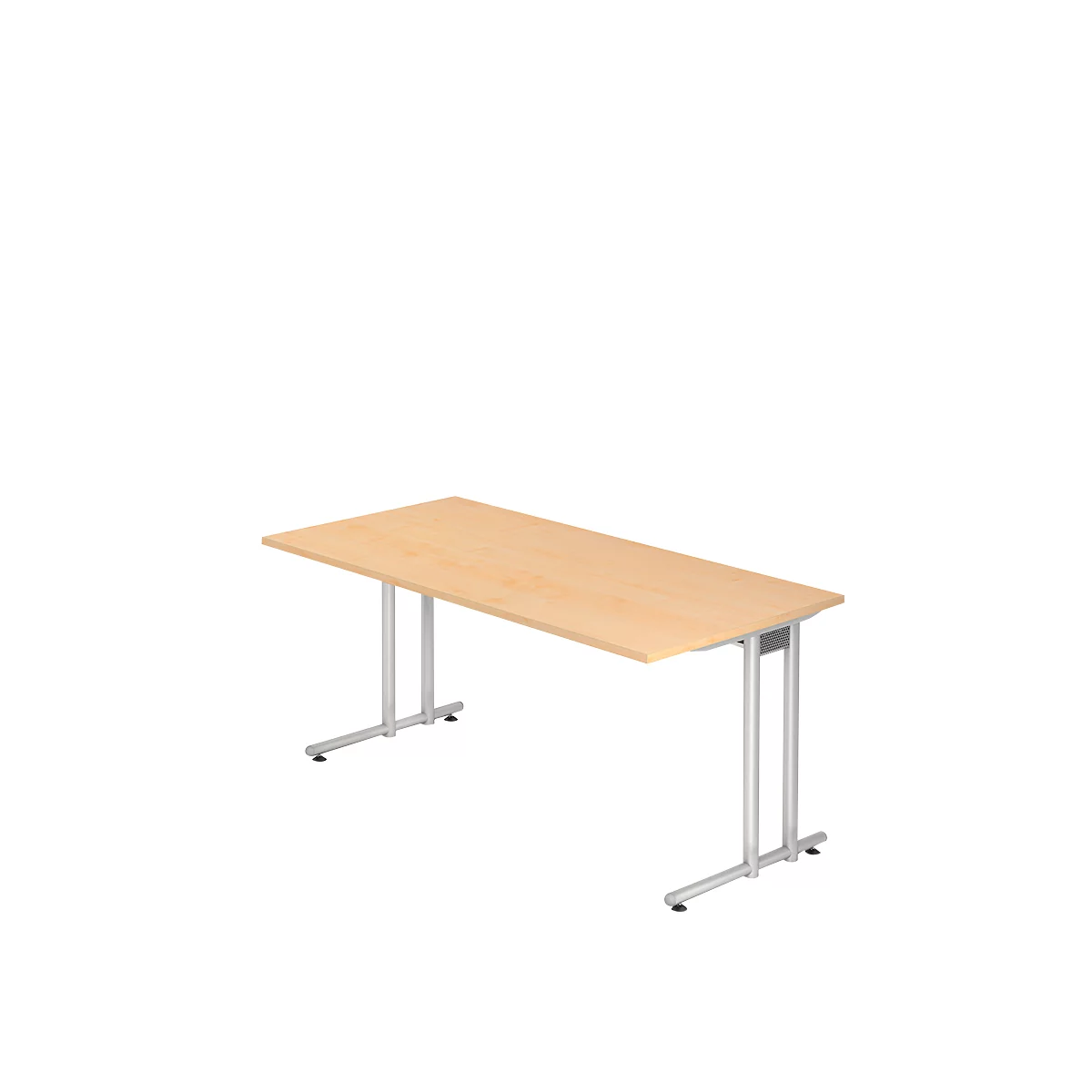 A rectangular, light brown office table with silver legs. In front of a white background.