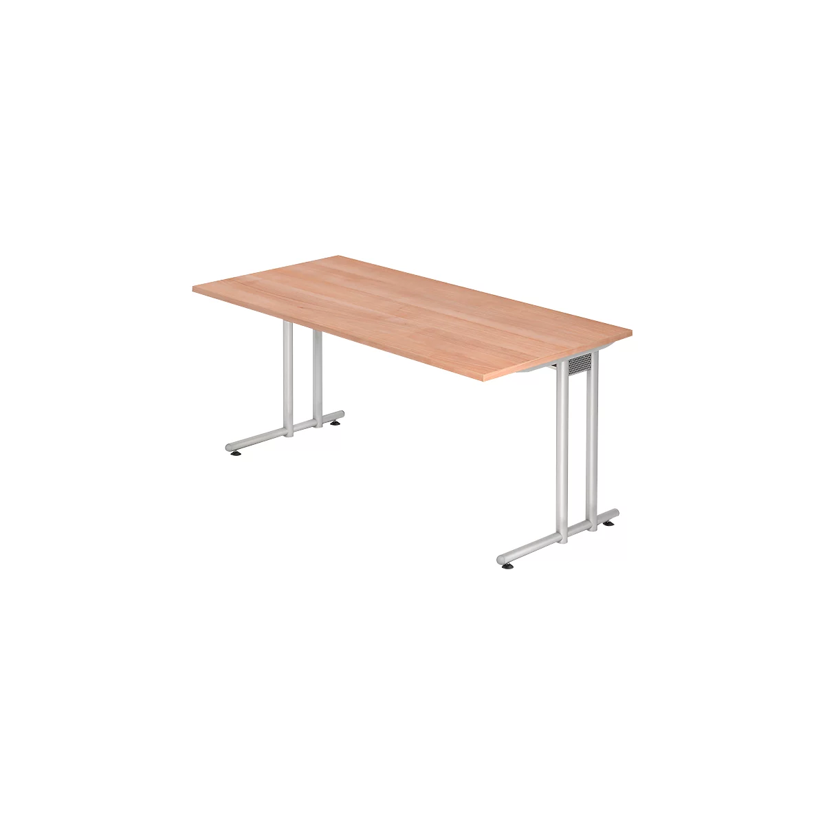 A rectangular wooden table with silver-gray metal legs. Black rubber feet on the table legs.