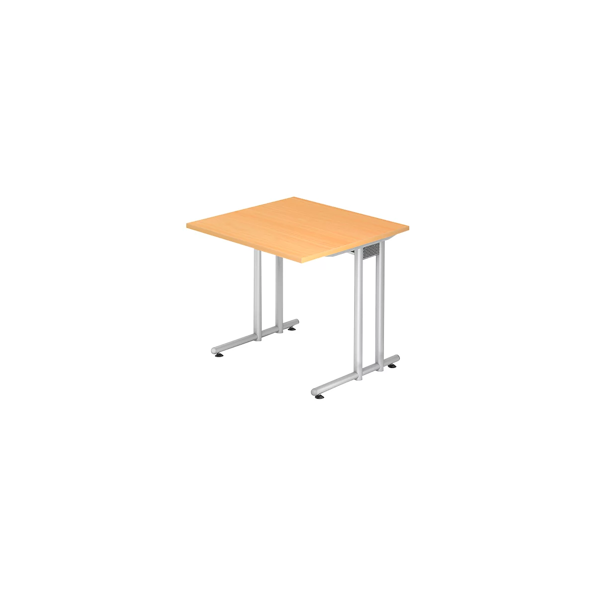 Square wooden table with silver-gray metal legs on a light background.