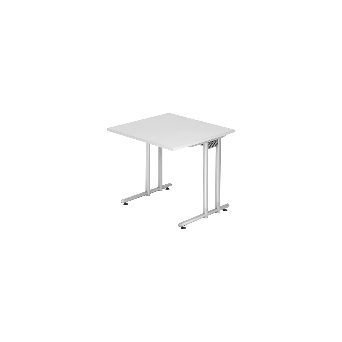 White rectangular table with silver legs. Black pads on the table legs.