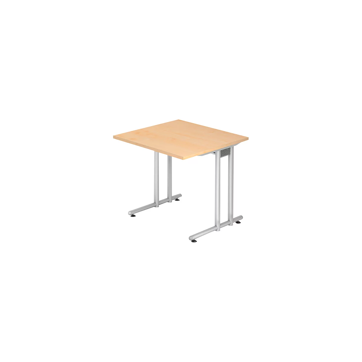 A square table with a light brown tabletop and silver legs.
