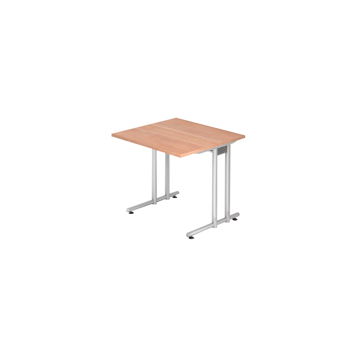A small, rectangular table with a light brown wooden top and silver metal legs. The table legs are T-shaped.