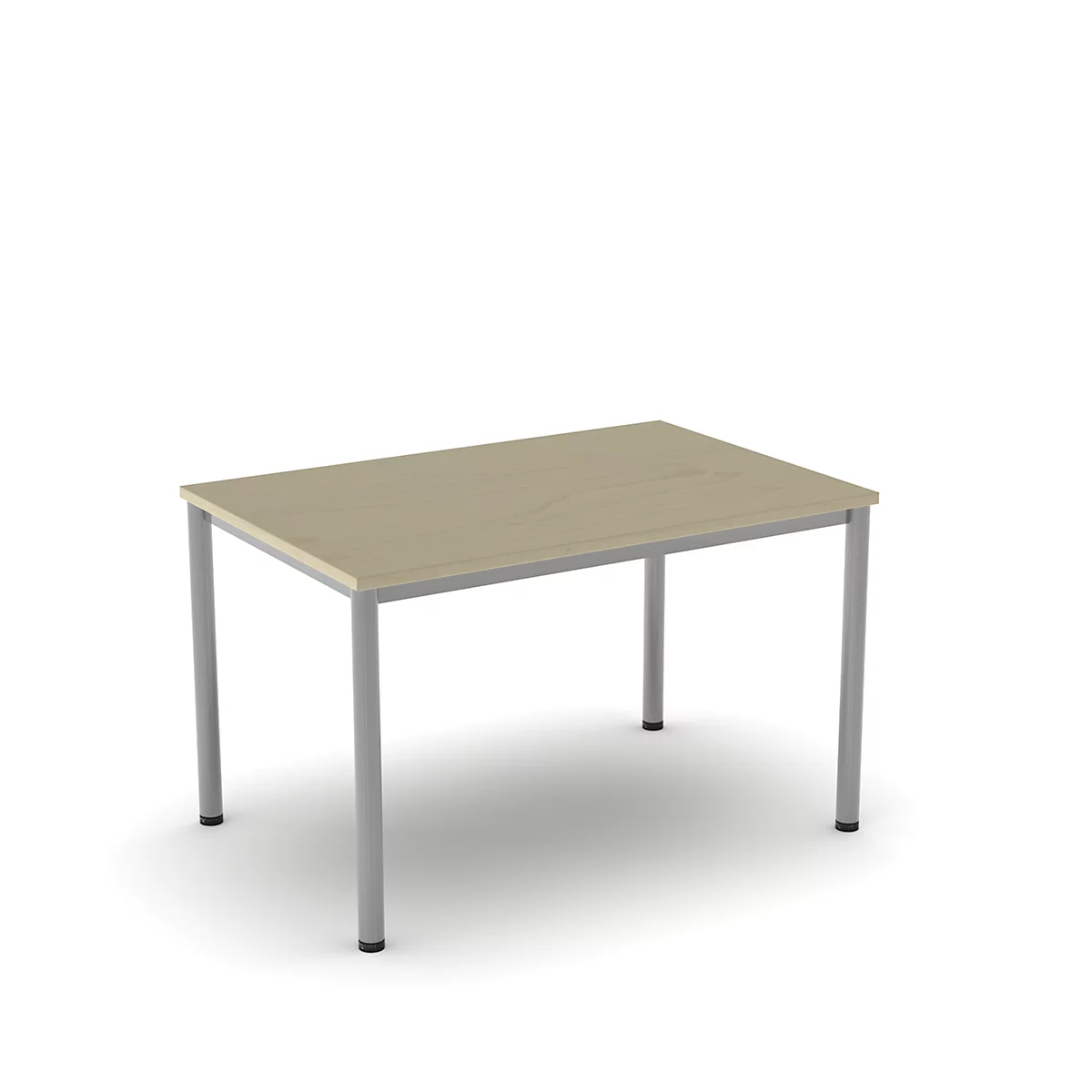 A rectangular table with a light brown table top and silver legs. The background is white.