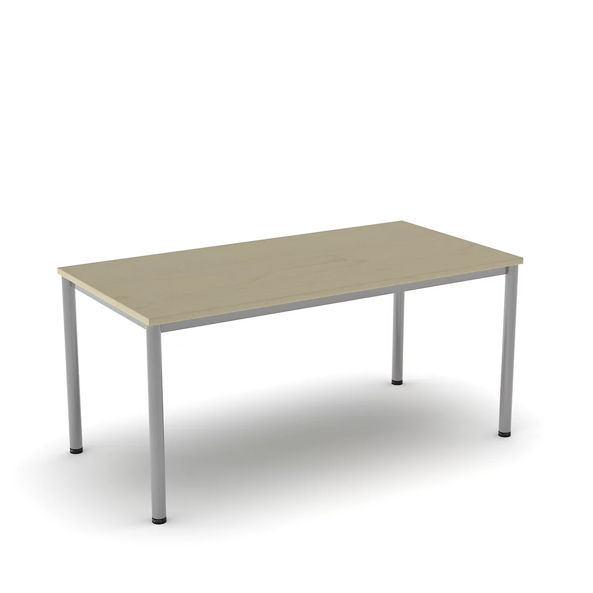 A rectangular table with light wood and silver legs, against a white background.