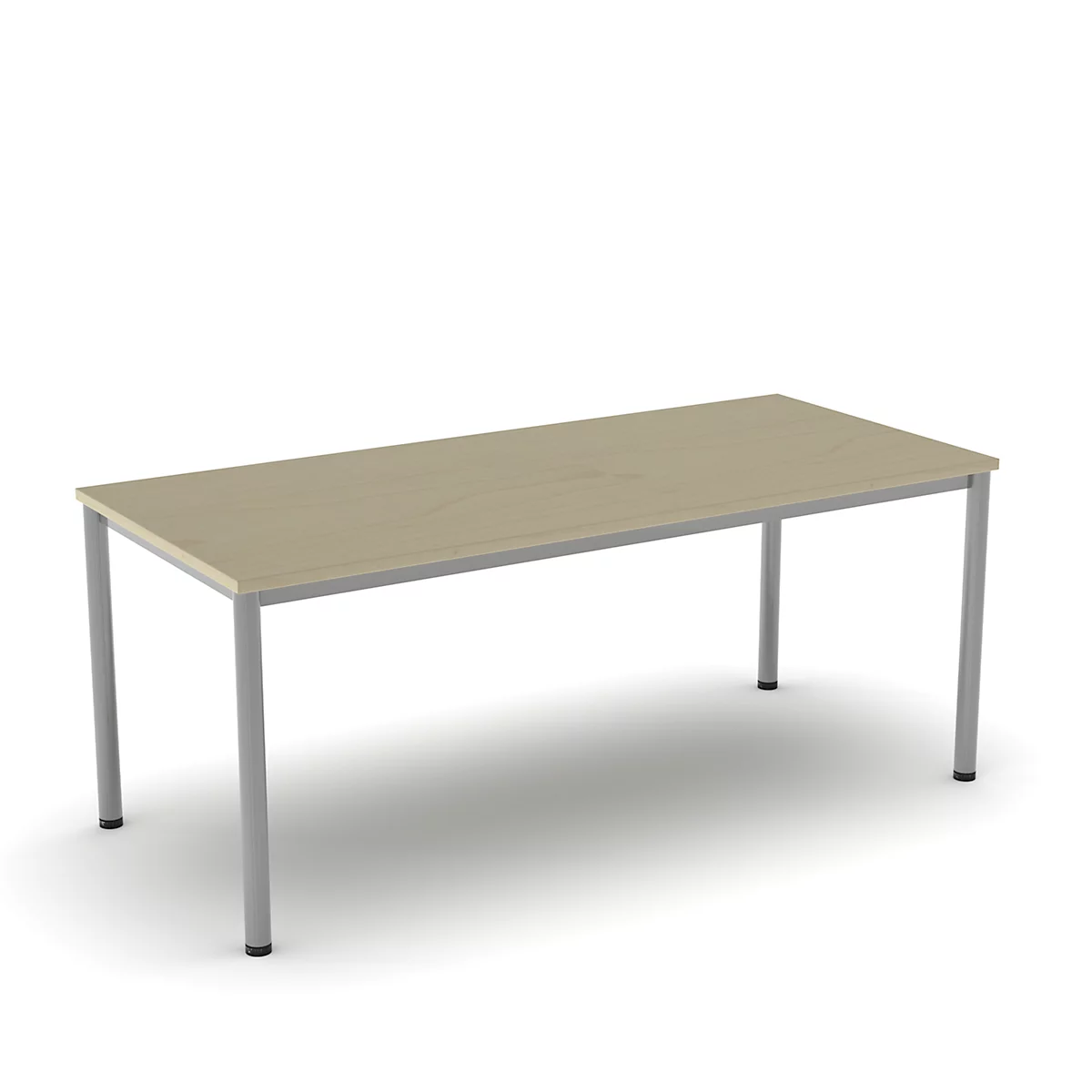 A rectangular table with a light brown tabletop and silver legs. The table is set against a white background.