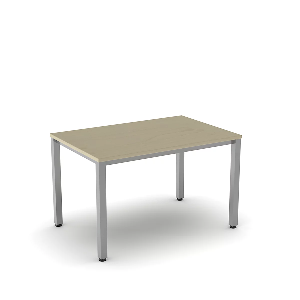 Rectangular table with light wood veneer and silver legs, isolated against a white background.