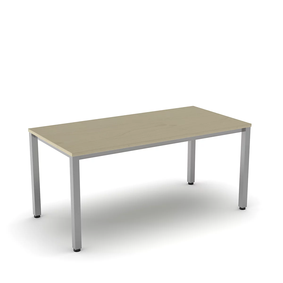 A rectangular, light wood table with silver legs, against a white background.