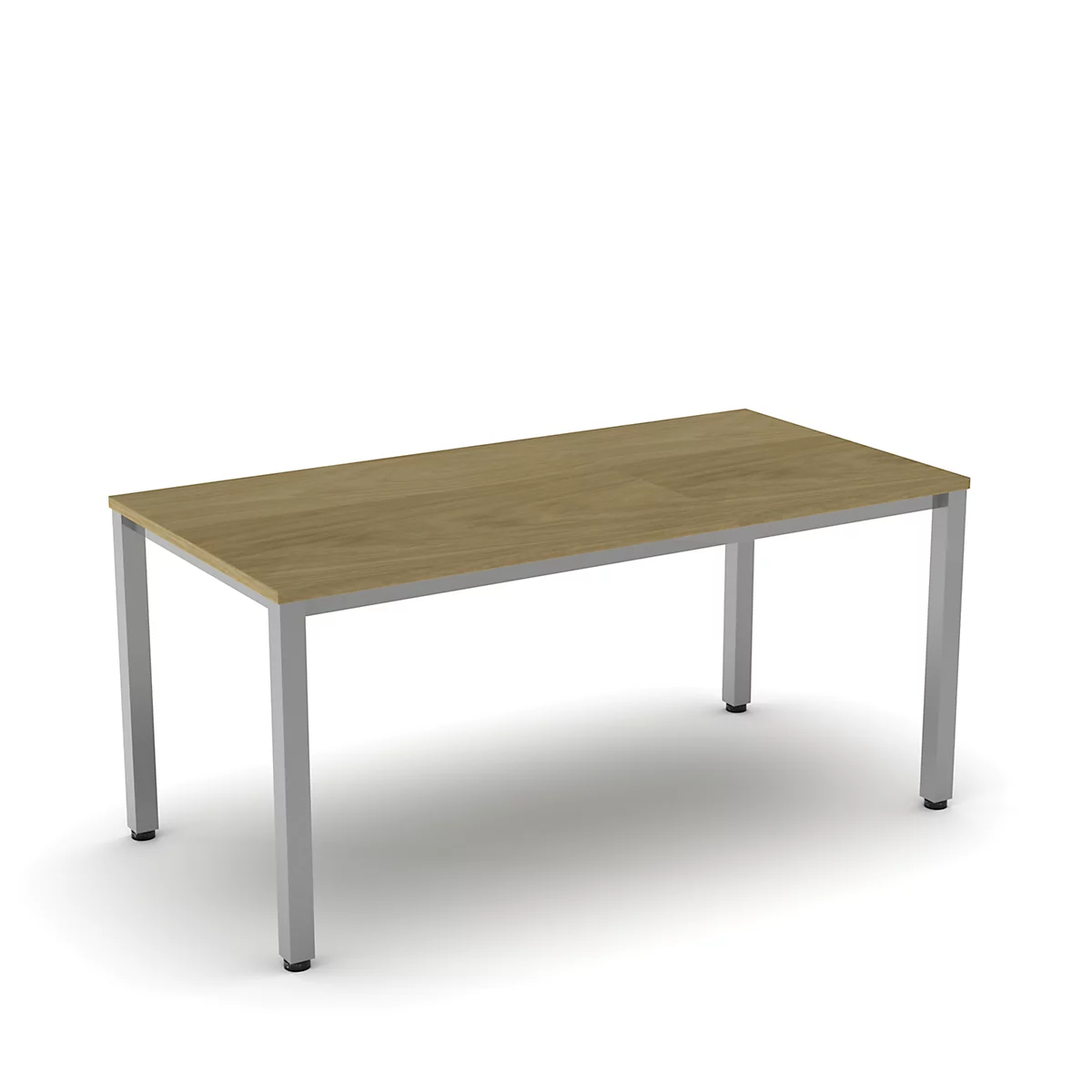 A rectangular table with a light wood top and silver legs on a white background.