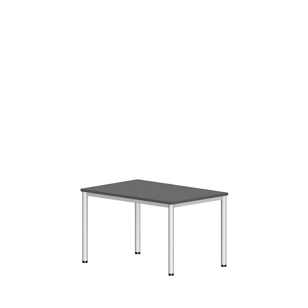 Gray table with silver legs against a white background.