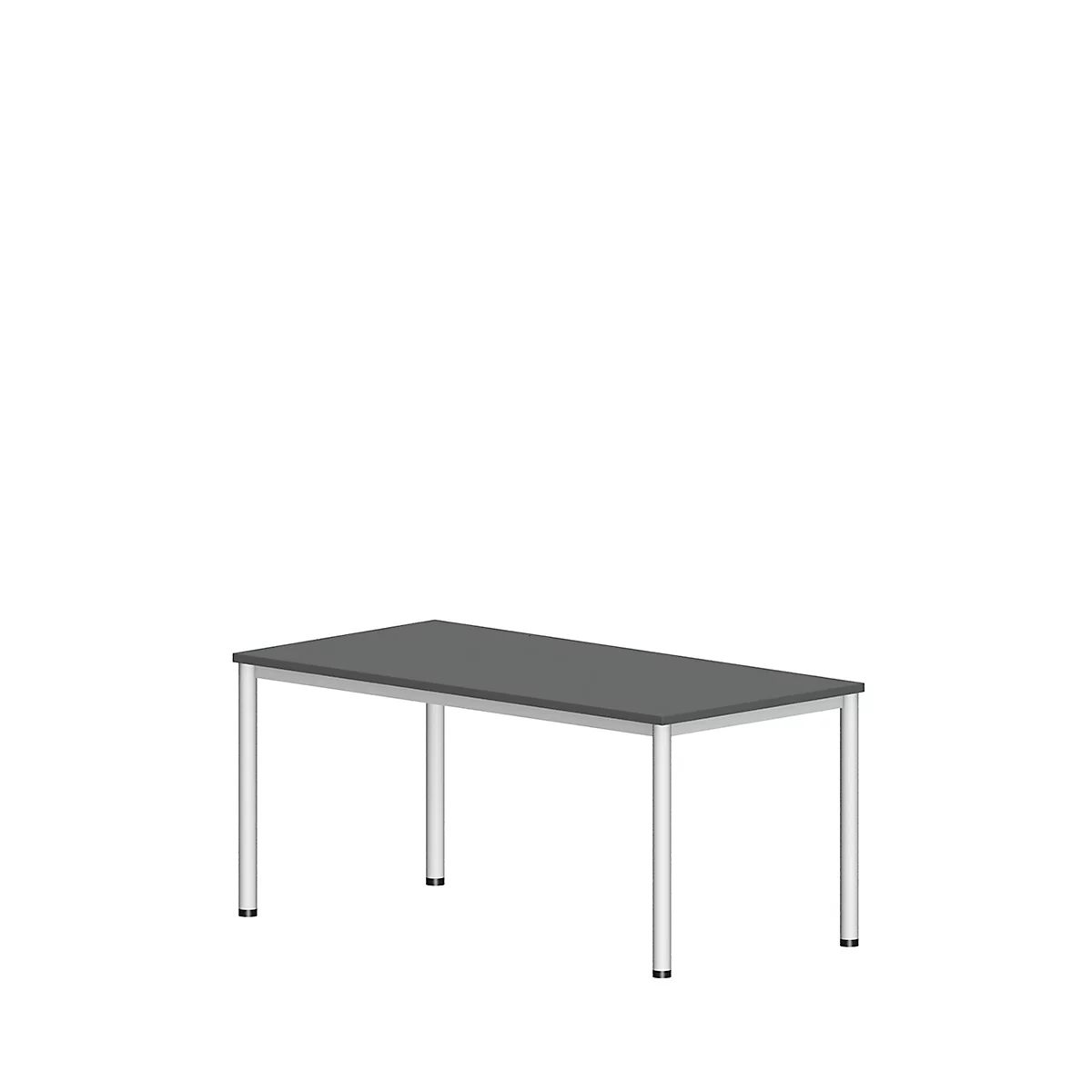 A rectangular table with a gray tabletop and silver legs, against a white background.