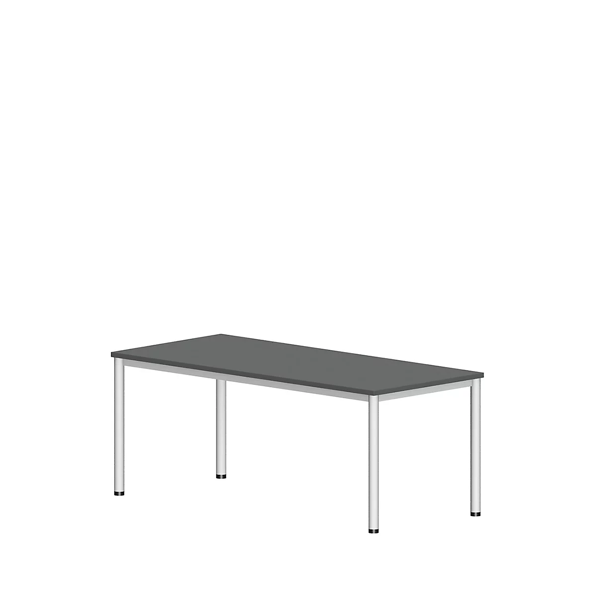 A rectangular table with a gray tabletop and silver legs, against a white background.
