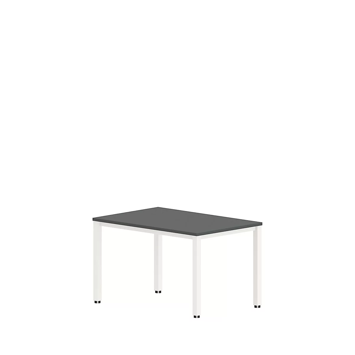 A rectangular table with a gray tabletop and white legs on a white background.