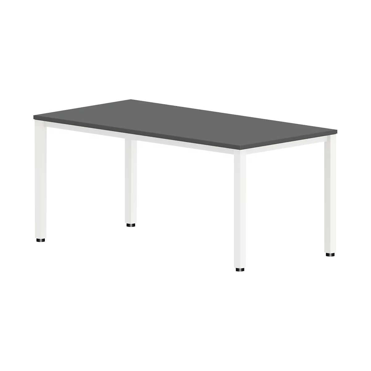 Rectangular table, gray table top, white legs, black feet.