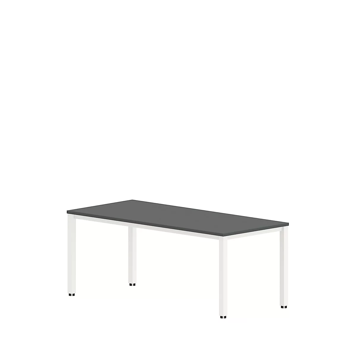 Dark grey table with white legs on a white background.