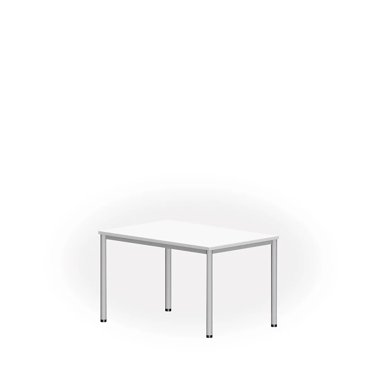 White table with silver legs against a white background. Square tabletop, square legs.