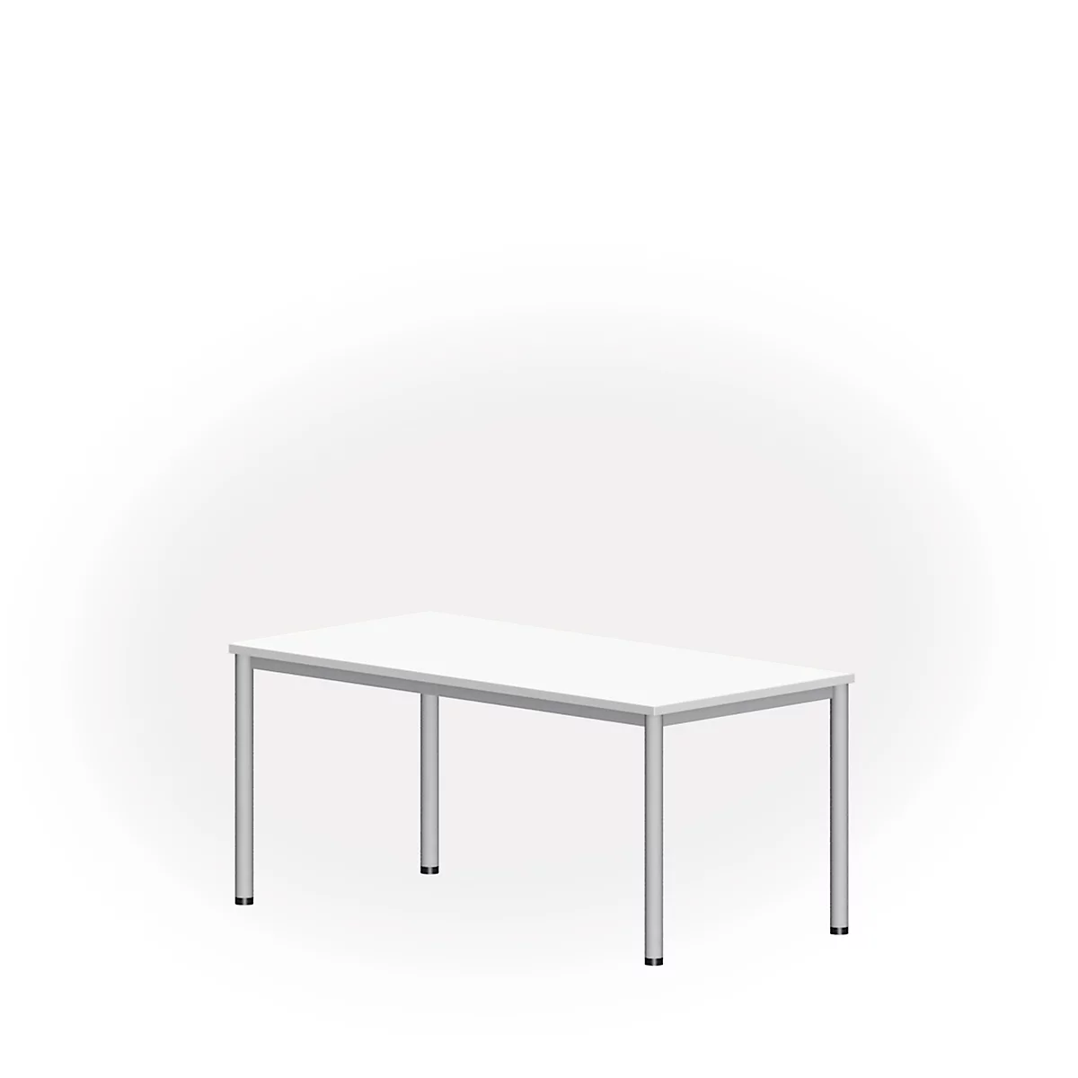 White table with silver legs, in front of a white background.