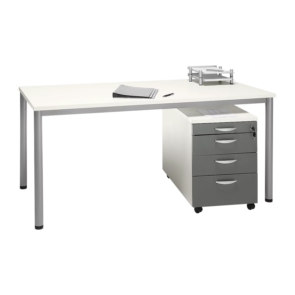 A white desk with silver legs. There is paper, a pen and a file holder on it. On the right is a gray mobile pedestal.