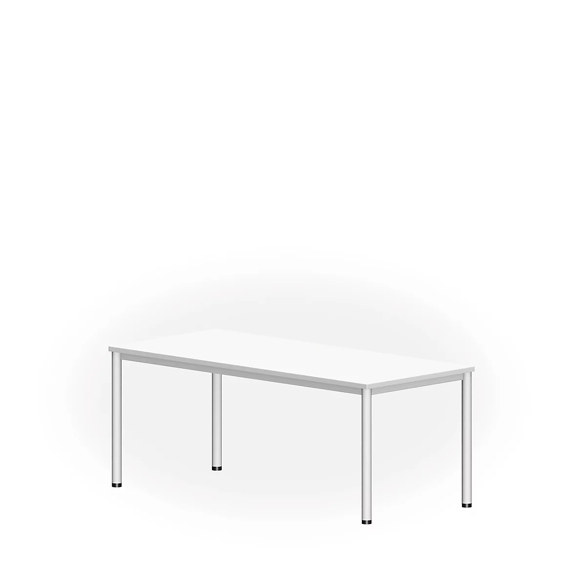 White table with silver legs against a white background.