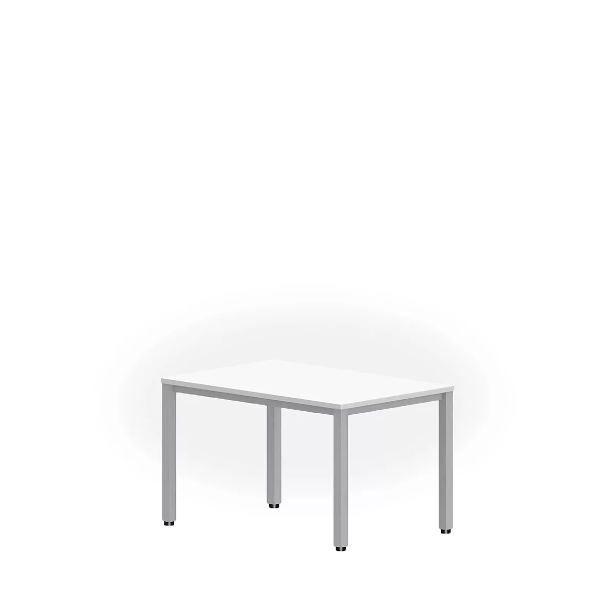 White table with metal legs on a white background. The tabletop is rectangular.