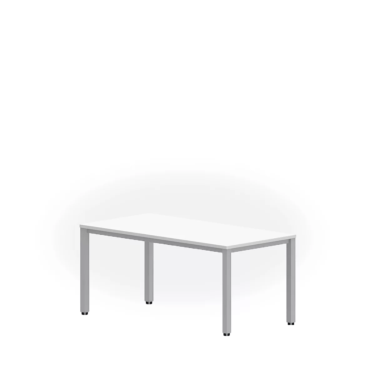 White table with silver legs on a white background.