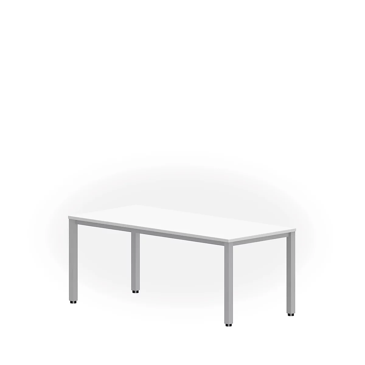A white table with silver legs on a white background.