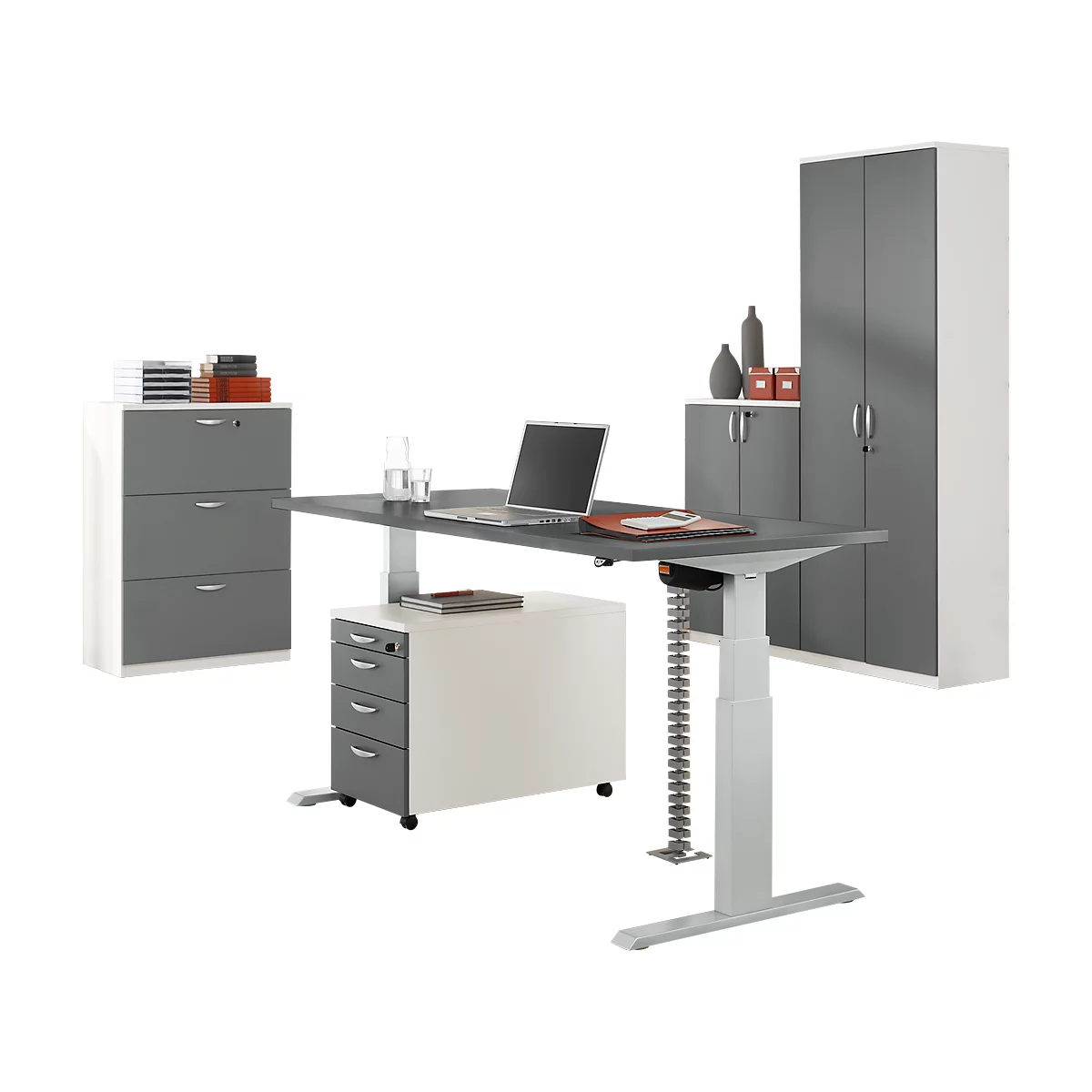 Gray height-adjustable desk with drawer cabinet, filing cabinet, and laptop.