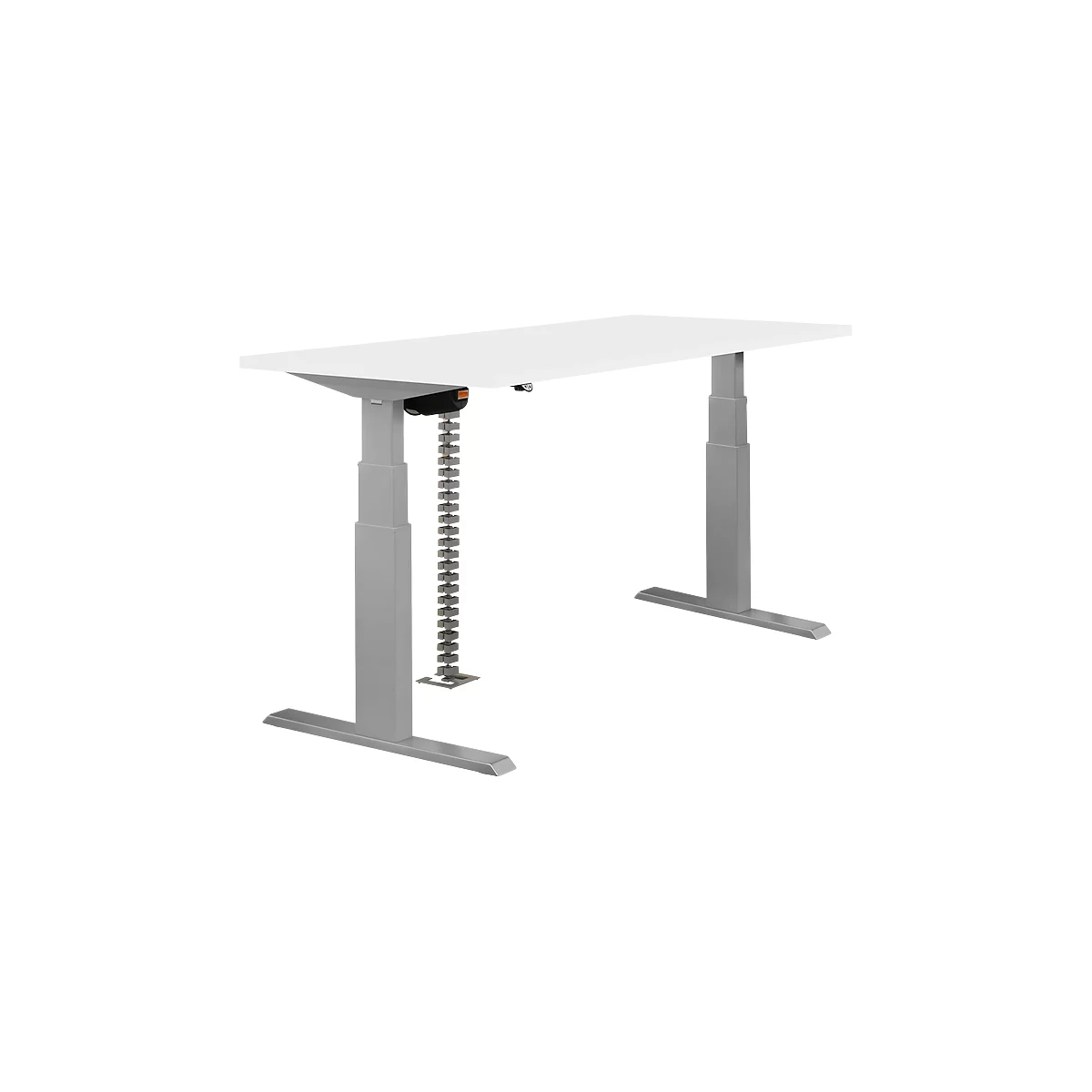 An adjustable height desk with a white tabletop and silver legs. The adjustment mechanism is visible.