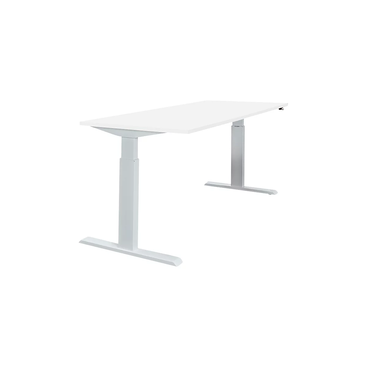 White, height-adjustable desk with T-shaped feet, against a white background.