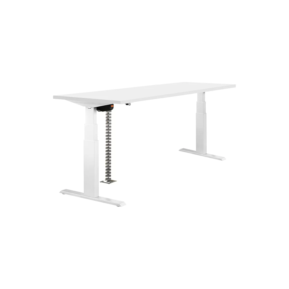 White adjustable height desk, with metal frame and chain for height adjustment.