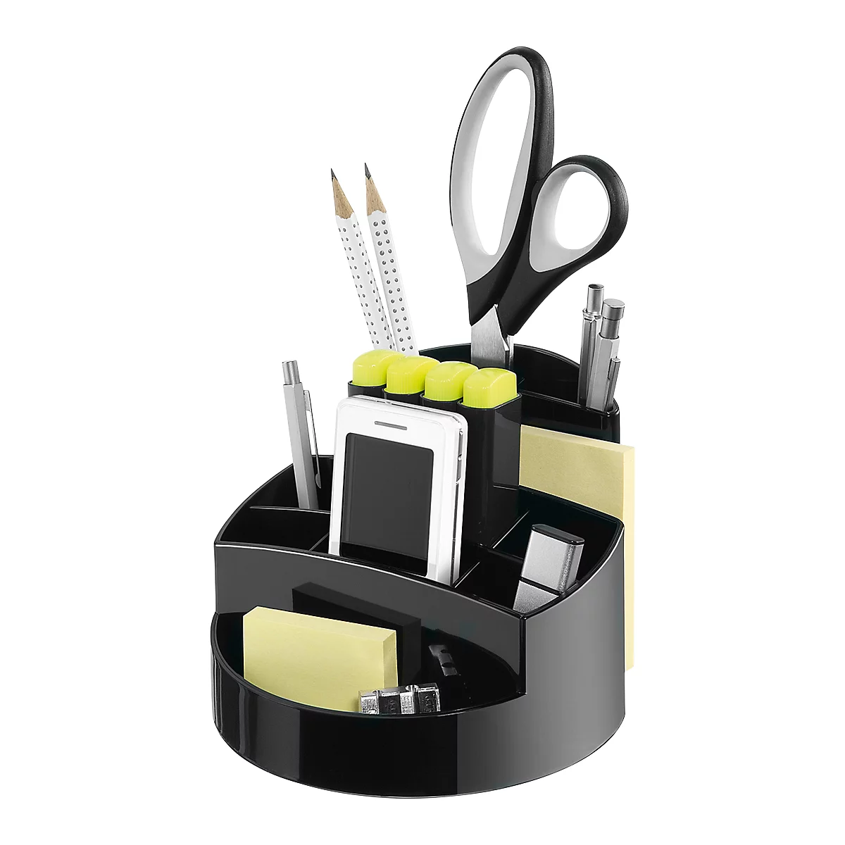 Black desk organizer with office supplies: pens, scissors, sticky notes, phone. On a light background.