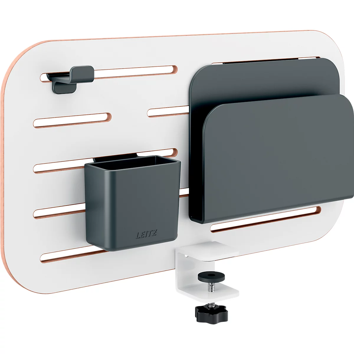 White rectangular desk organizer with gray shelves and holders. A screw clamp on the side.