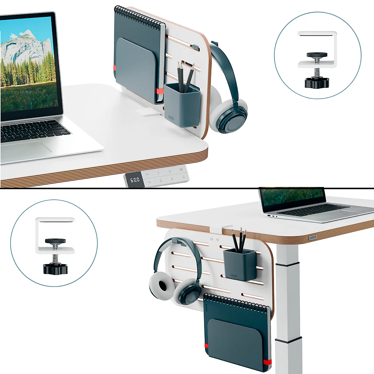 Desk organizer with notepad, pen holder, headphones, clamp and laptop.