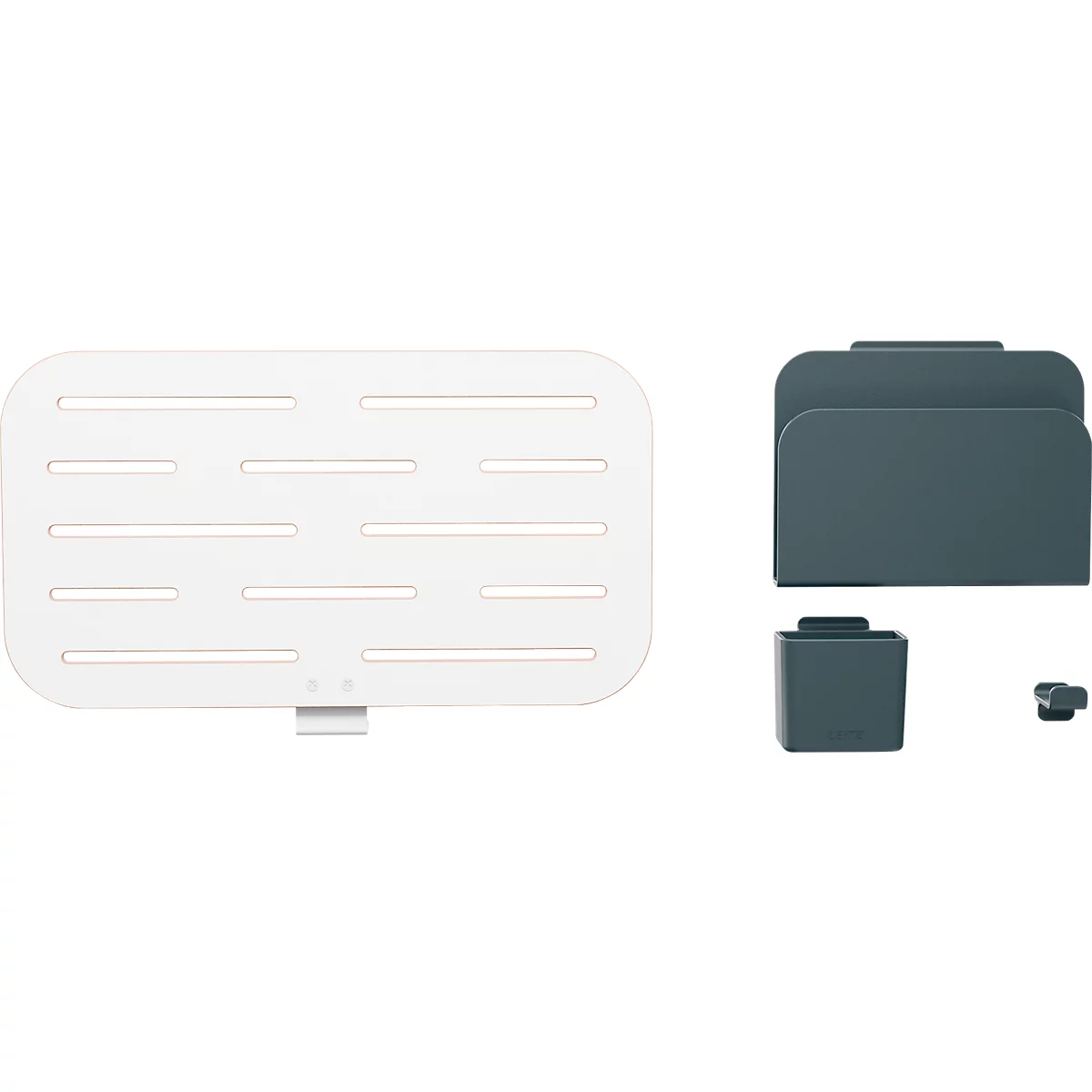 White desk accessory: a slotted tray, folders, cup and small clips, all in muted grey.