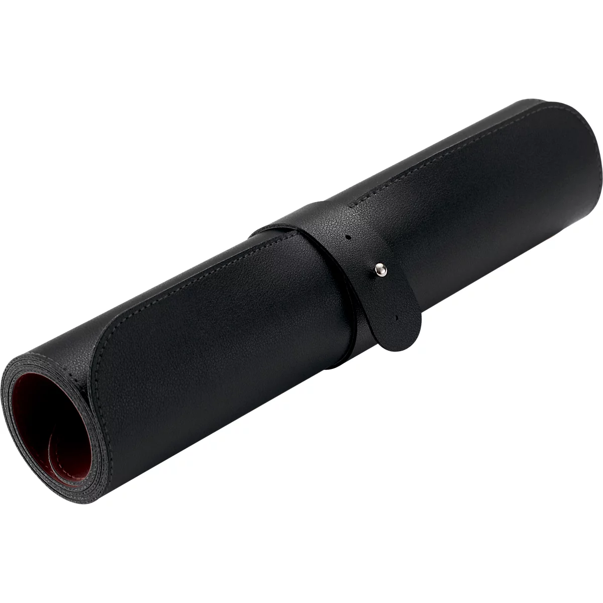 Rolled black desk mat with strap closure. Red material visible inside.