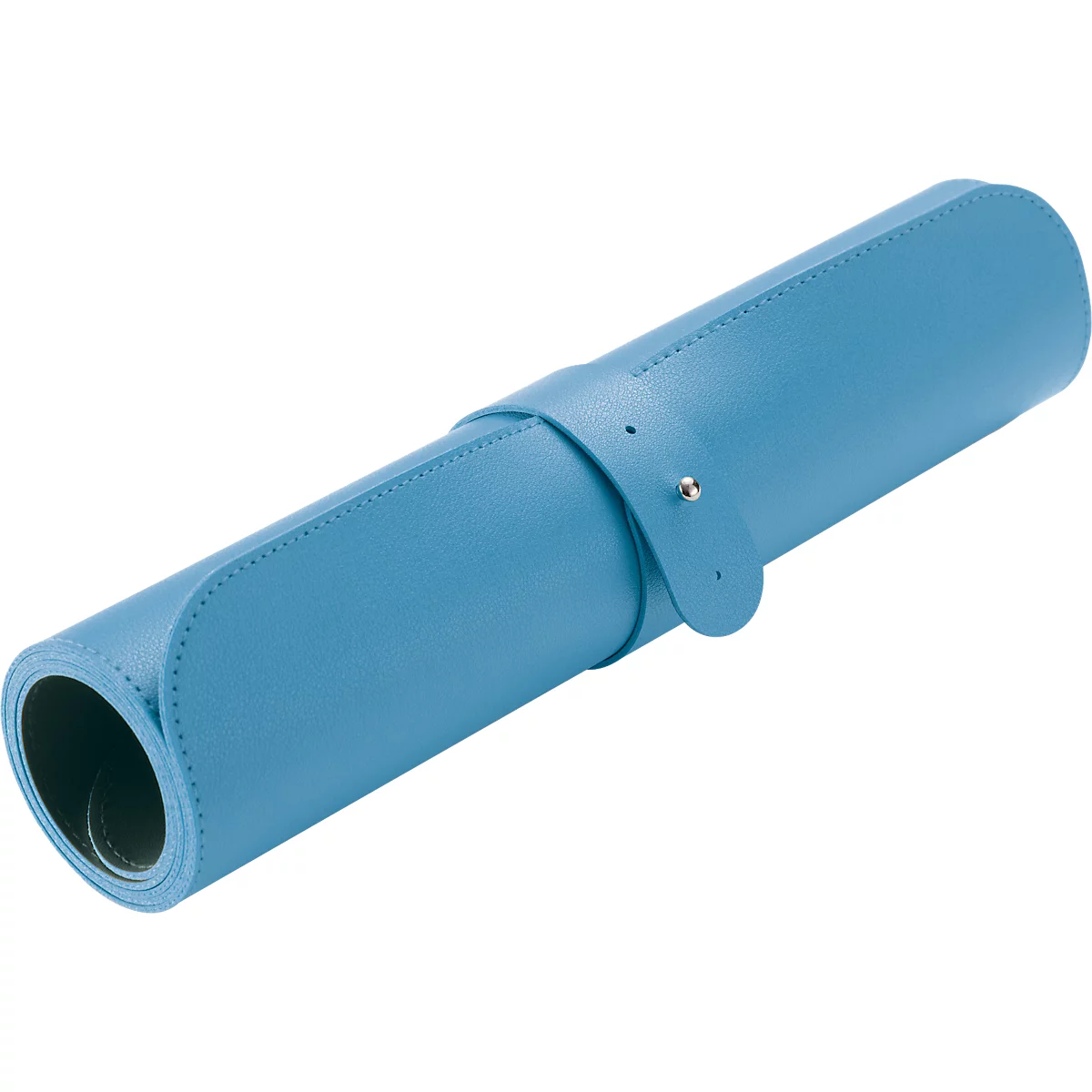 Rolled-up, light blue leather desk pad with a fastener.