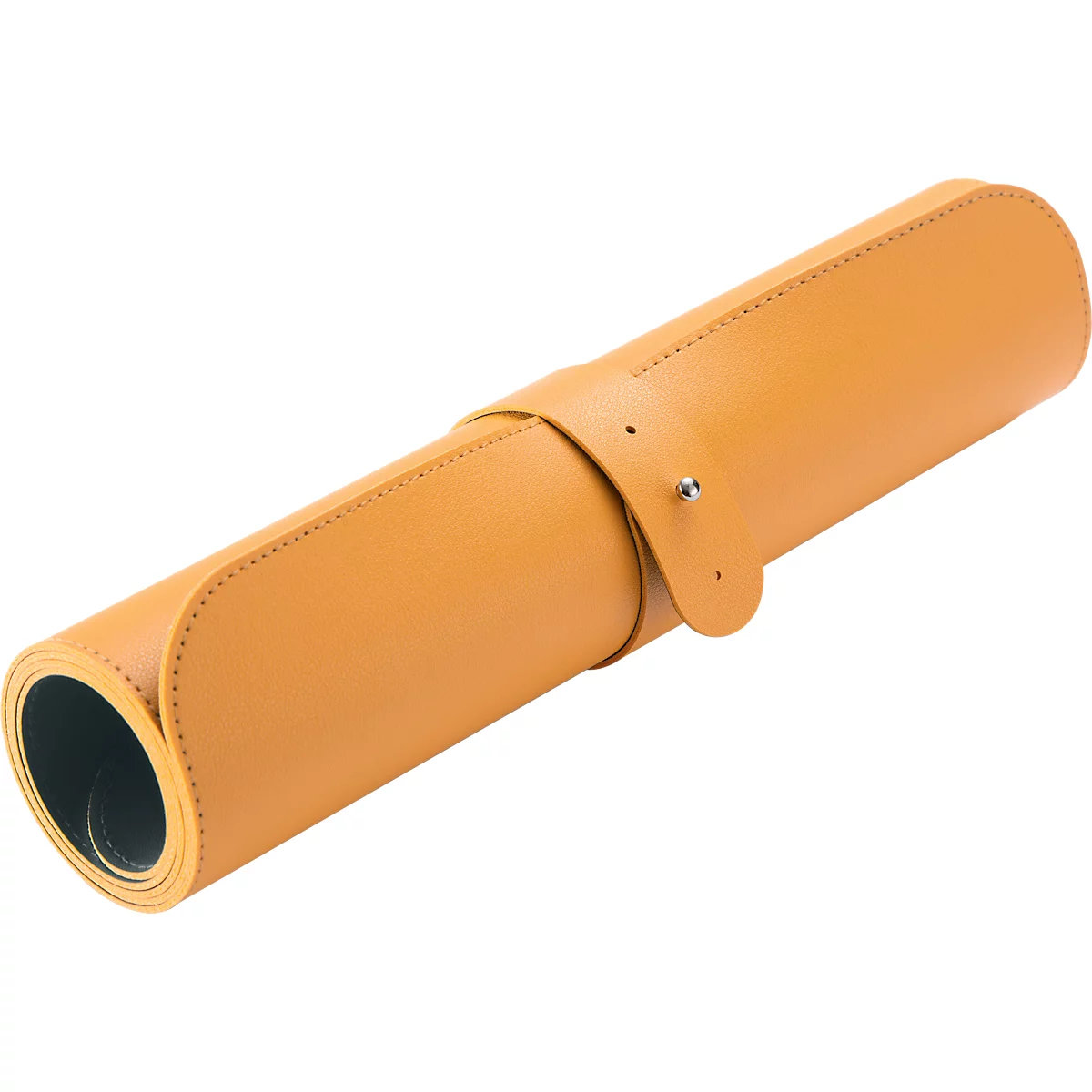 Rolled yellow leather desk pad with buckle, detailed.