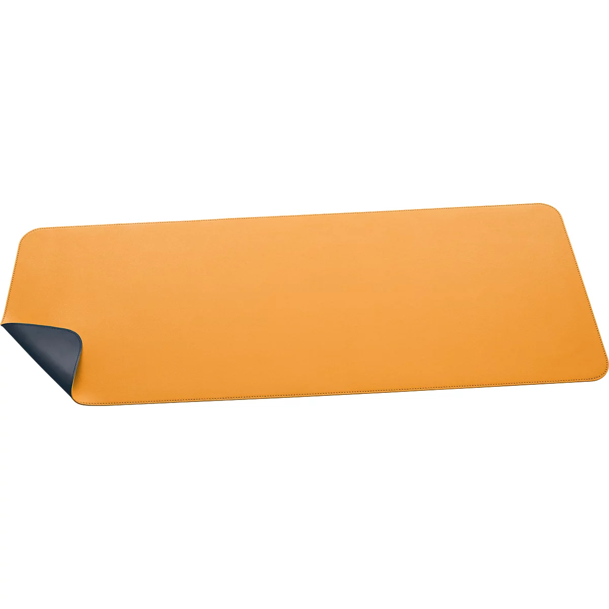 Rectangular orange desk pad, corner curled up, revealing dark gray underside.